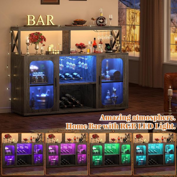 Aheaplus Bar Cabinet with Charging Station Grey Oak-5