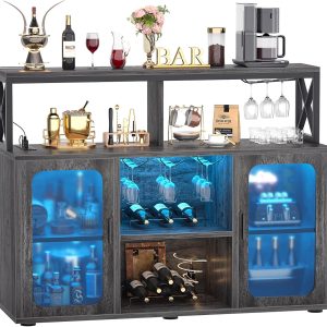Aheaplus Bar Cabinet with Charging Station Grey Oak-0