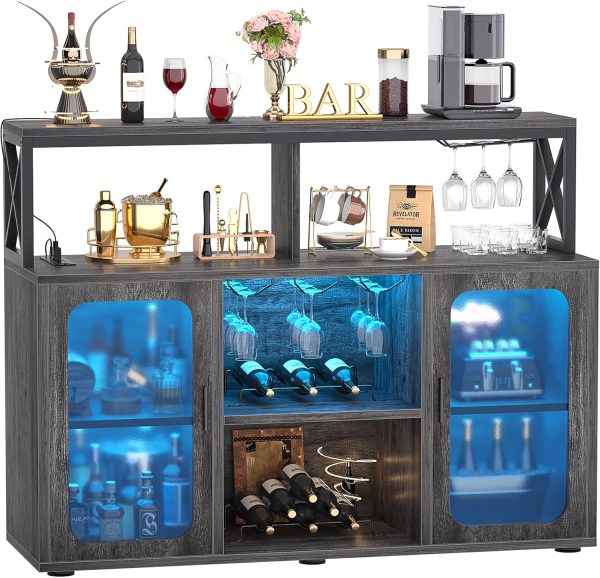 Aheaplus Bar Cabinet with Charging Station Grey Oak-0