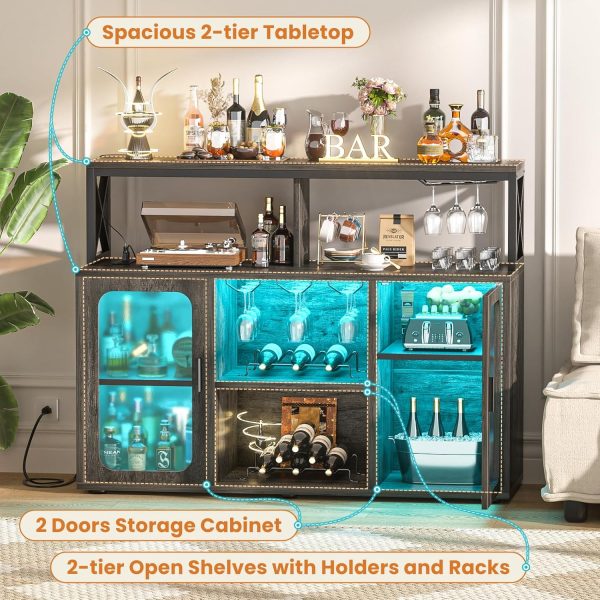 Aheaplus Bar Cabinet with Charging Station Grey Oak-6